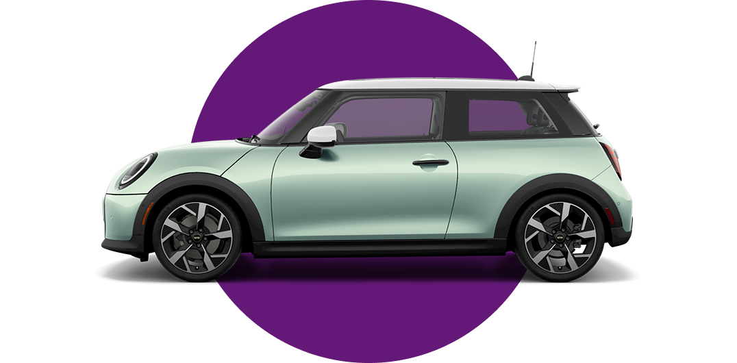 Side view of a MINI Cooper 2 Door in the Ocean Wave Green body color, facing left with its shadow underneath it.