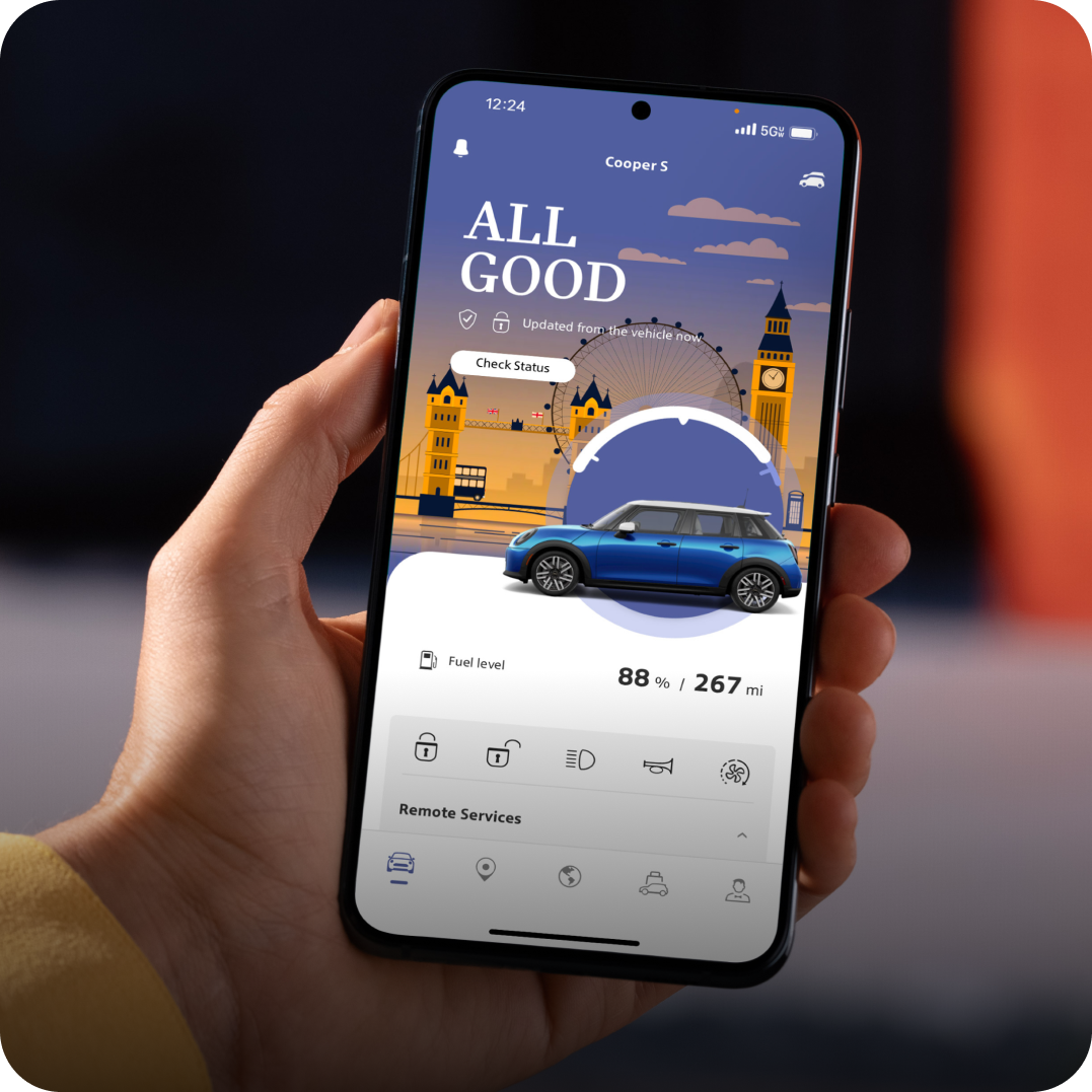 A phone open to the MINI App.