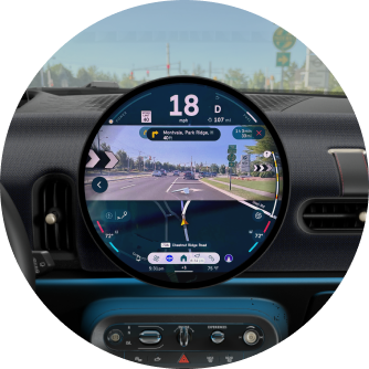 A close-up of MINI Navigation AR assisting with directions on the MINI OLED Display.