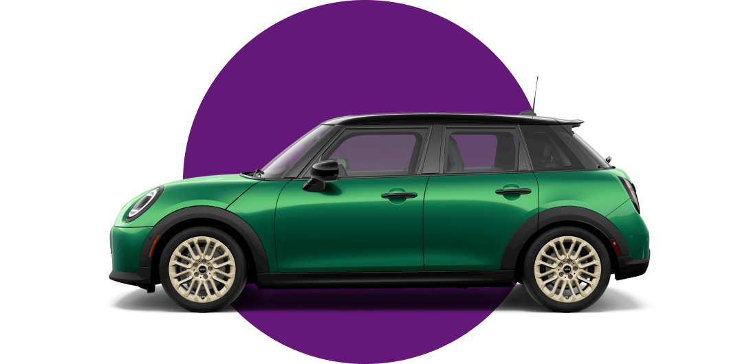 Side view of a MINI Cooper 4 Door in the British Racing Green Metallic body color, facing left with its shadow underneath it.