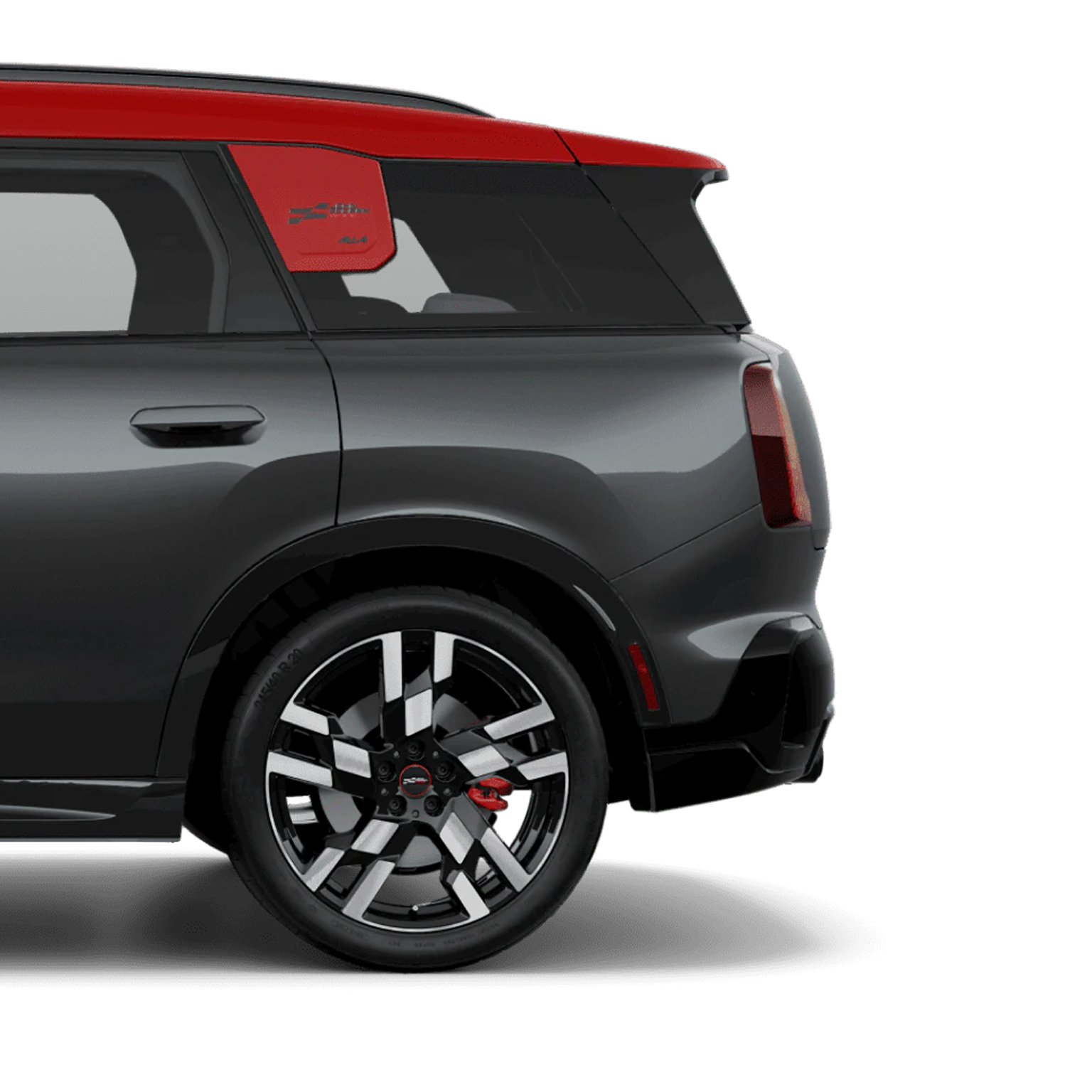 Side view of rear half of a MINI JCW Countryman All4.