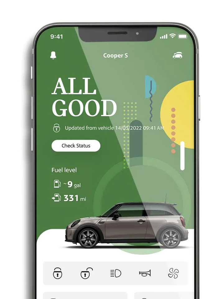 Smartphone with MINI App vehicle status information on its screen. | MINI of Edison in Edison NJ