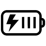 Black-and-white icon of a battery with a lightning bolt symbol on it.