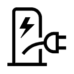 Black-and-white icon of an electric charging station a lightning bolt symbol on it along with a charge cord extending from it.